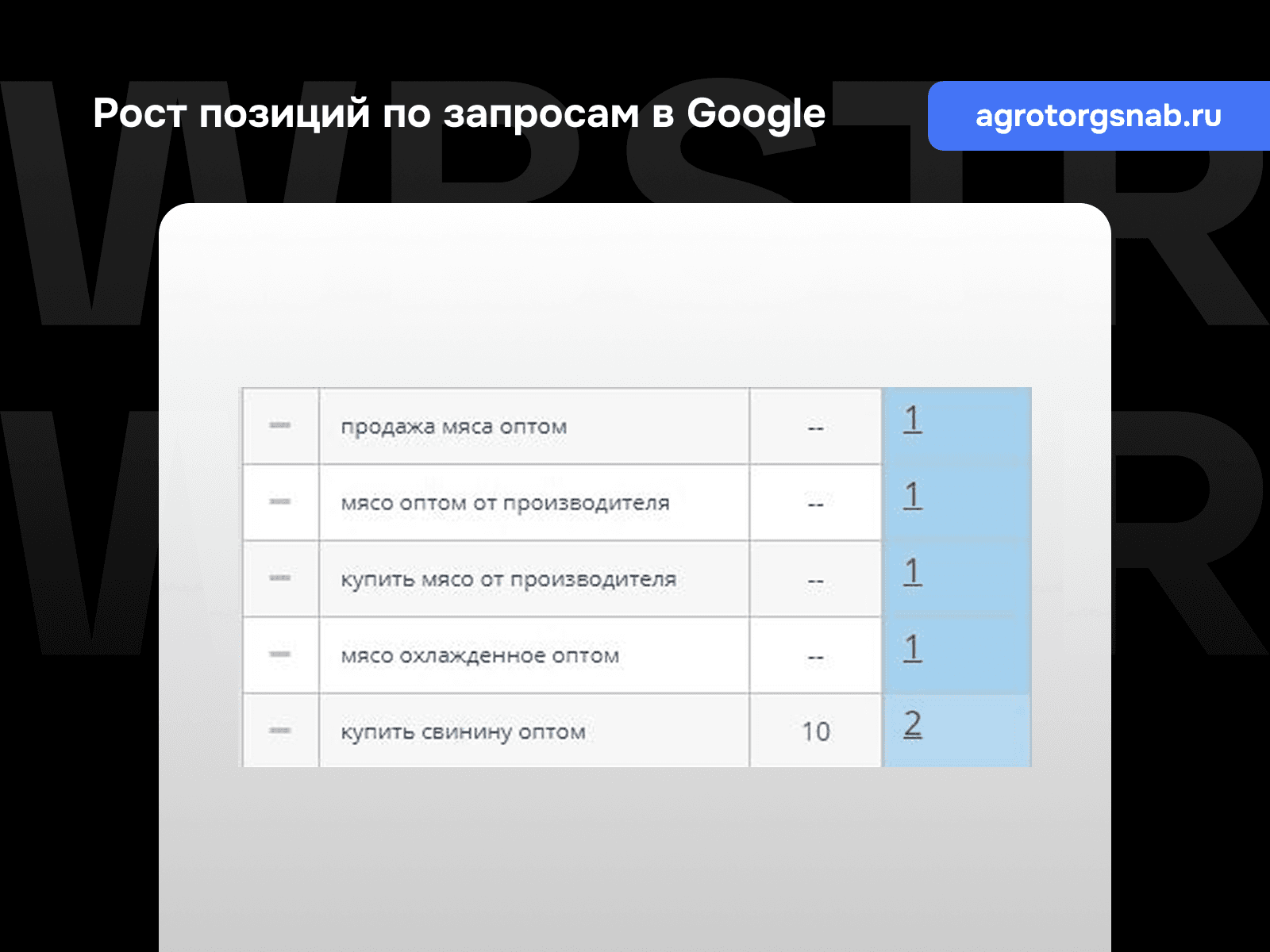 Позиции по запросам Google для проекта «Агроторгснаб»